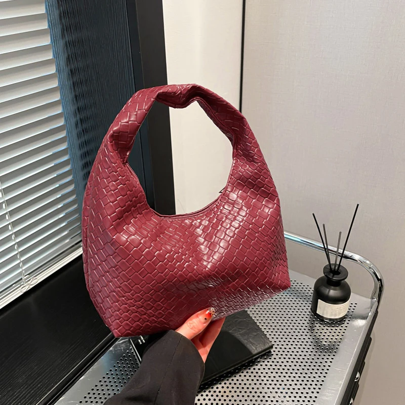 Fashion Pu Weave Bag Red Purse Underarm Bag Fashionable Crescent Mobile Phone Purse and Handbags For Women - Image 25