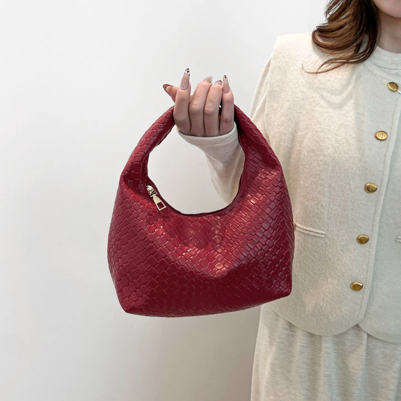 Fashion Pu Weave Bag Red Purse Underarm Bag Fashionable Crescent Mobile Phone Purse and Handbags For Women - Image 3