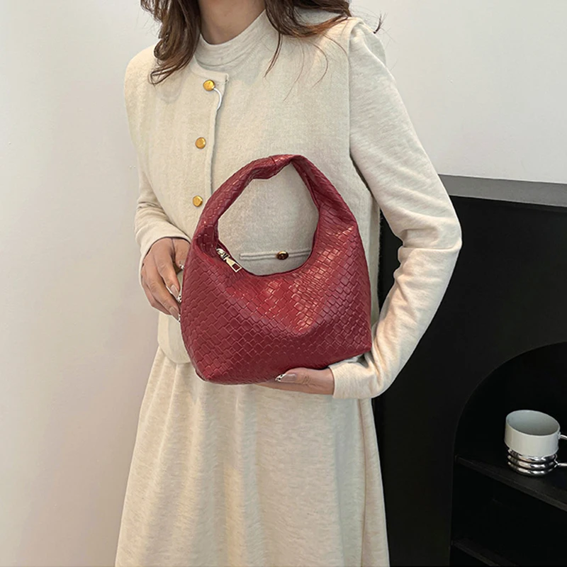 Fashion Pu Weave Bag Red Purse Underarm Bag Fashionable Crescent Mobile Phone Purse and Handbags For Women - Image 14