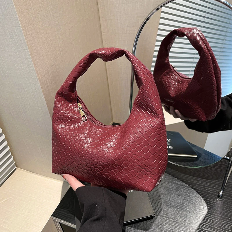Fashion Pu Weave Bag Red Purse Underarm Bag Fashionable Crescent Mobile Phone Purse and Handbags For Women - Image 26