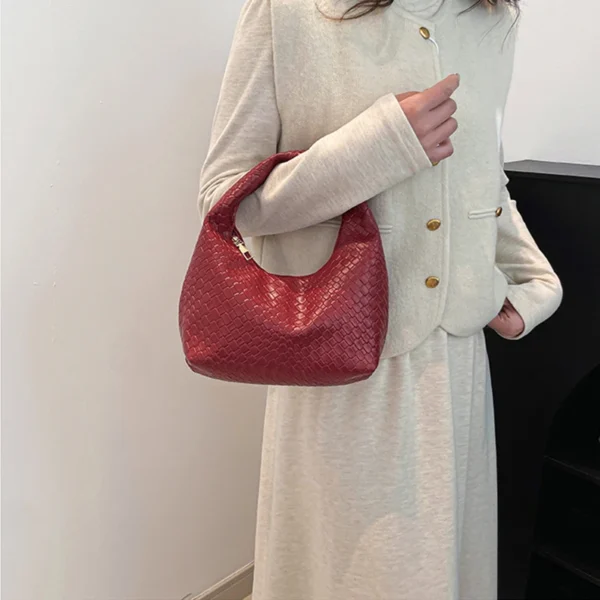Fashion Pu Weave Bag Red Purse Underarm Bag Fashionable Crescent Mobile Phone Purse and Handbags For Women - Image 15