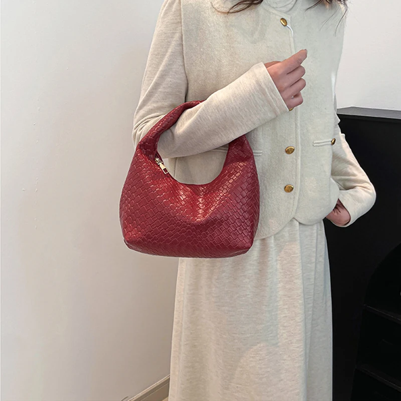 Fashion Pu Weave Bag Red Purse Underarm Bag Fashionable Crescent Mobile Phone Purse and Handbags For Women - Image 15
