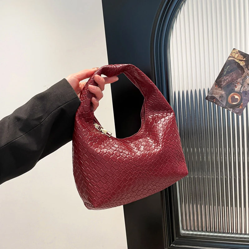 Fashion Pu Weave Bag Red Purse Underarm Bag Fashionable Crescent Mobile Phone Purse and Handbags For Women - Image 9